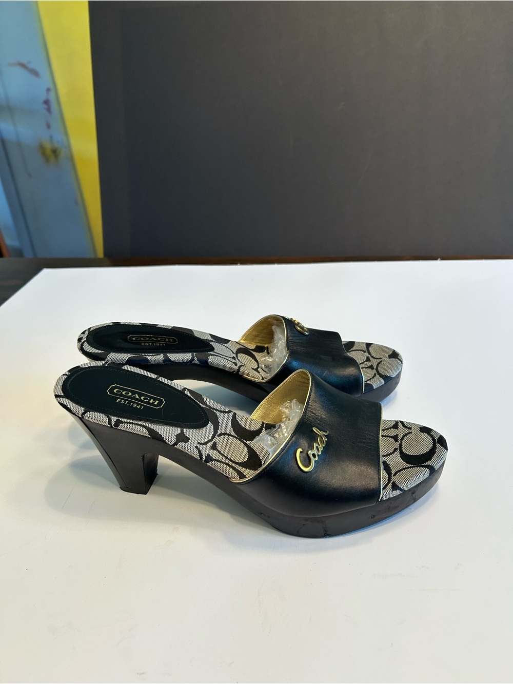 Coach Black Leather & Signature Monogram Slide Mules with Gold Script - Picture 2 of 4
